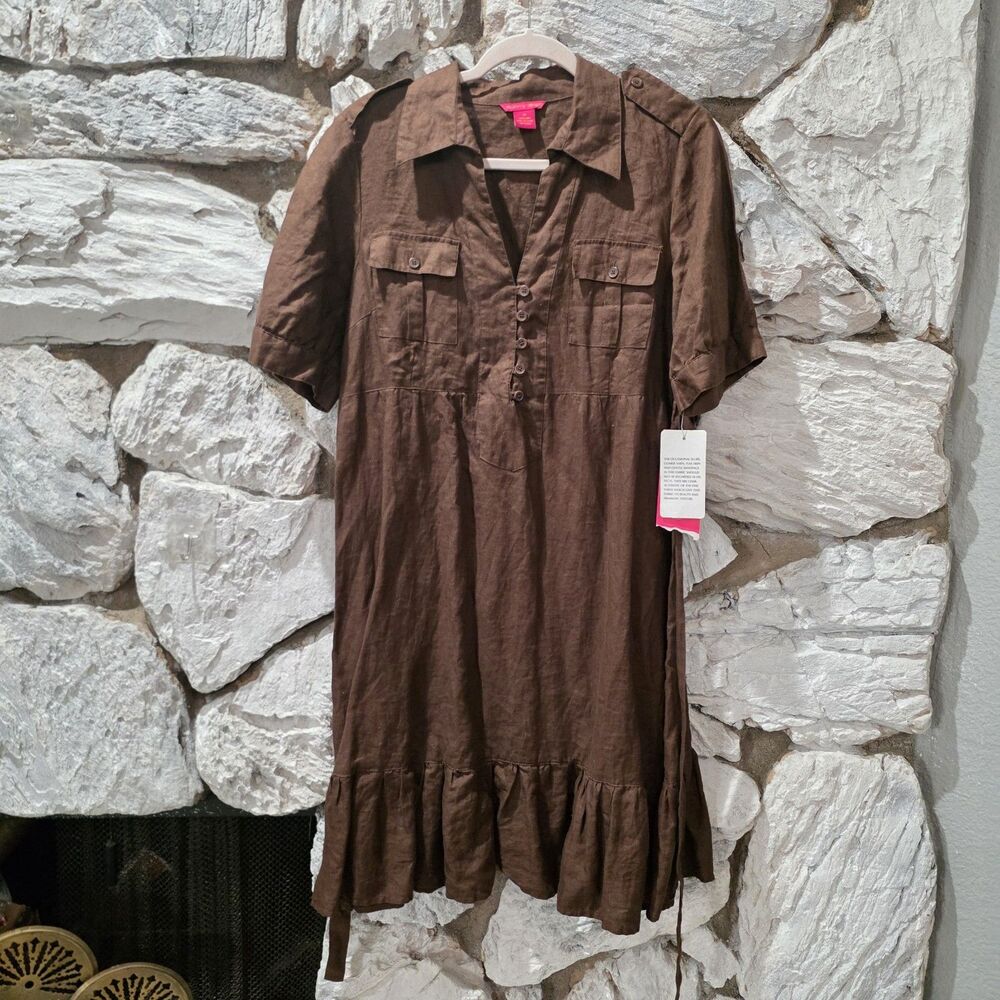 Sunny Leigh 100% Linen Shirt Dress 14 Coastal Beach Lounge Pockets Brown Ruffle